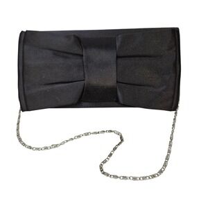 Black Satin Bow Evening Clutch Chain Shoulder Bag Prom Special Event Formal Chic